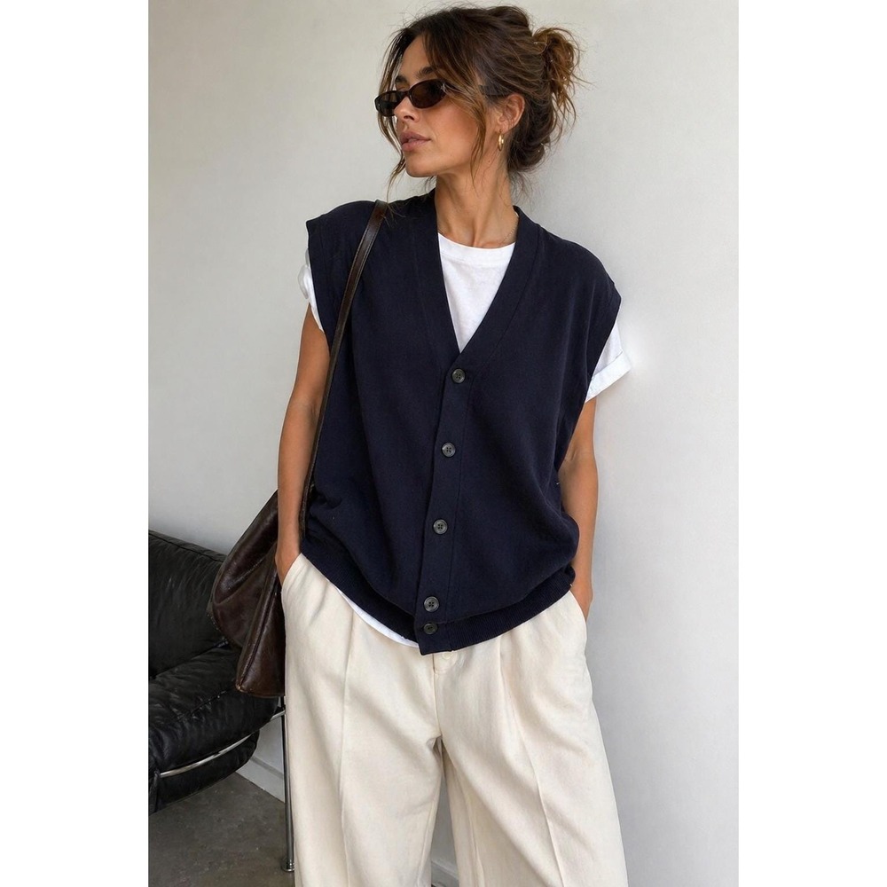 Vintage Façonnable 100% Merino Wool Vest Navy Oversized XL Minimalist Luxury